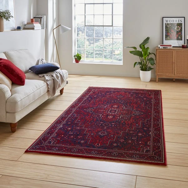 Soft polyester red area rug with traditional design
