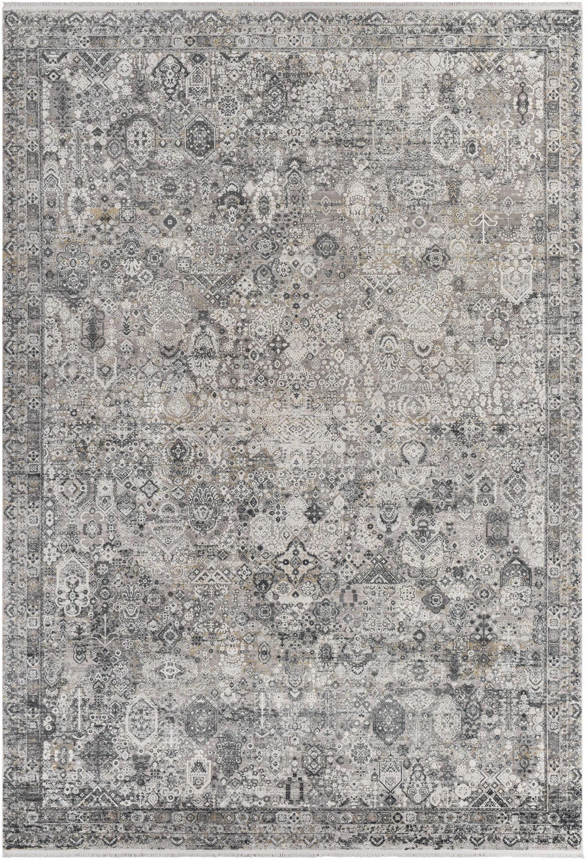 Bellara grey faux silk rug with vintage pattern