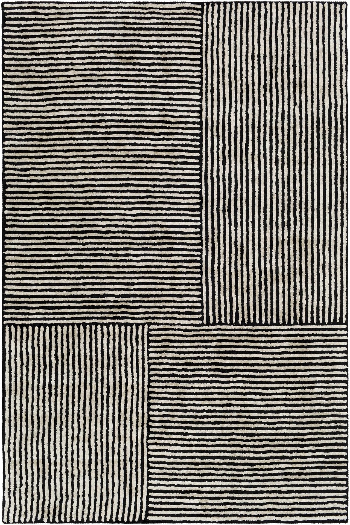 Close-up of hand-tufted black and white viscose stripes